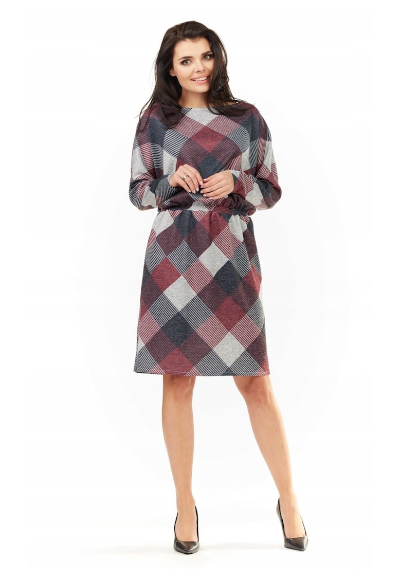 Rochie De Dama - L058 - Carouri - Material 65% Poliester - 33% Viscoza - 2% Elastan - Lungime Midi - Maneci Lungi - Decolteu Rotund - De Inalta Calitate - Multicolor - Multicolor