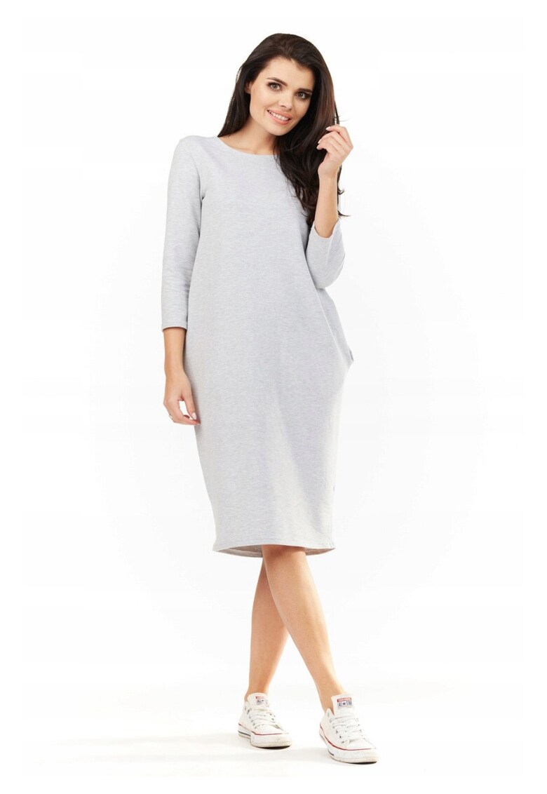 Rochie Dama - L059 - Material 70% Viscoza - 25% Poliester - 5% Elastan - Lungime Midi - Decolteu Rotund - Maneca 3/4 - Accesorii 2 Buzunare Laterale - De Inalta Calitate - Gri - Gri