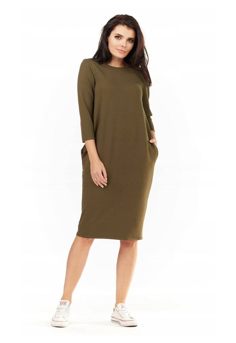 Rochie Dama - L059 - Marime L/XL - Material 70% Viscoza - 25% Poliester - 5% Elastan - Lungime Midi - Decolteu Rotund - Maneca 3/4 - Accesorii 2 Buzunare Laterale - Khaki
