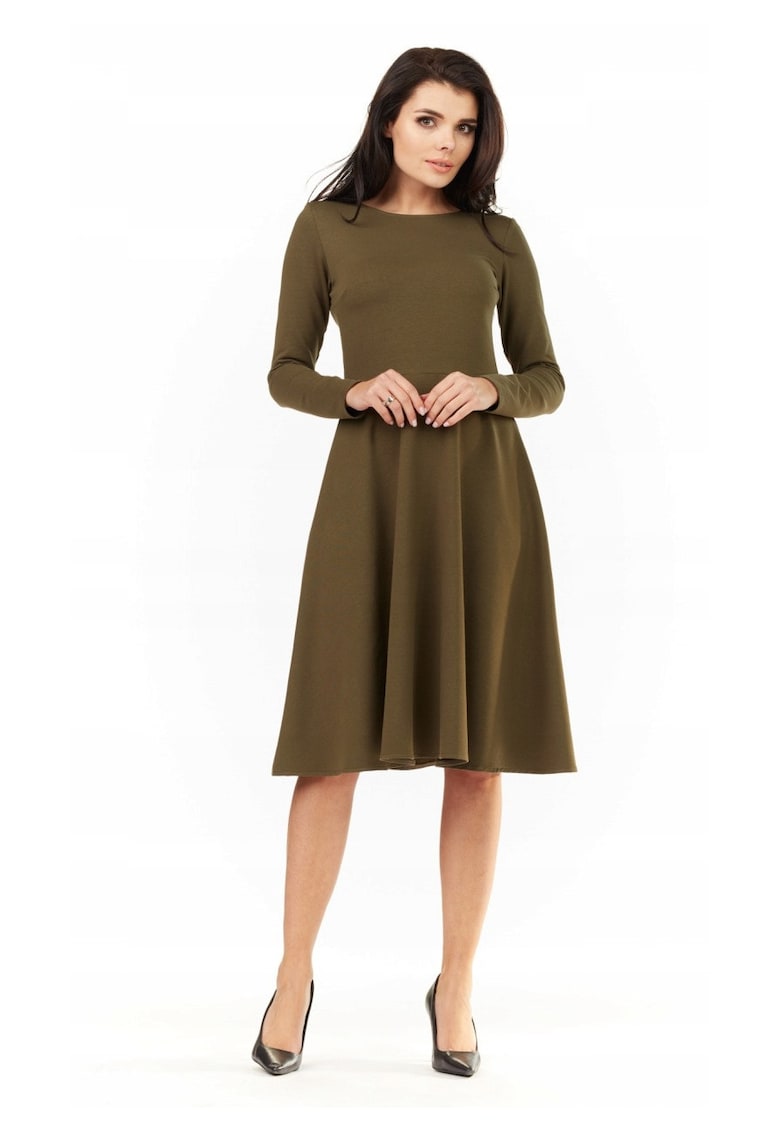 Rochie Dama - L060 - Clos - Marime M - Material 70% Viscoza - 25% Poliester - 5% Elastan - Maneci Lungi - Lungime Midi - Decolteu Rotund - Khaki