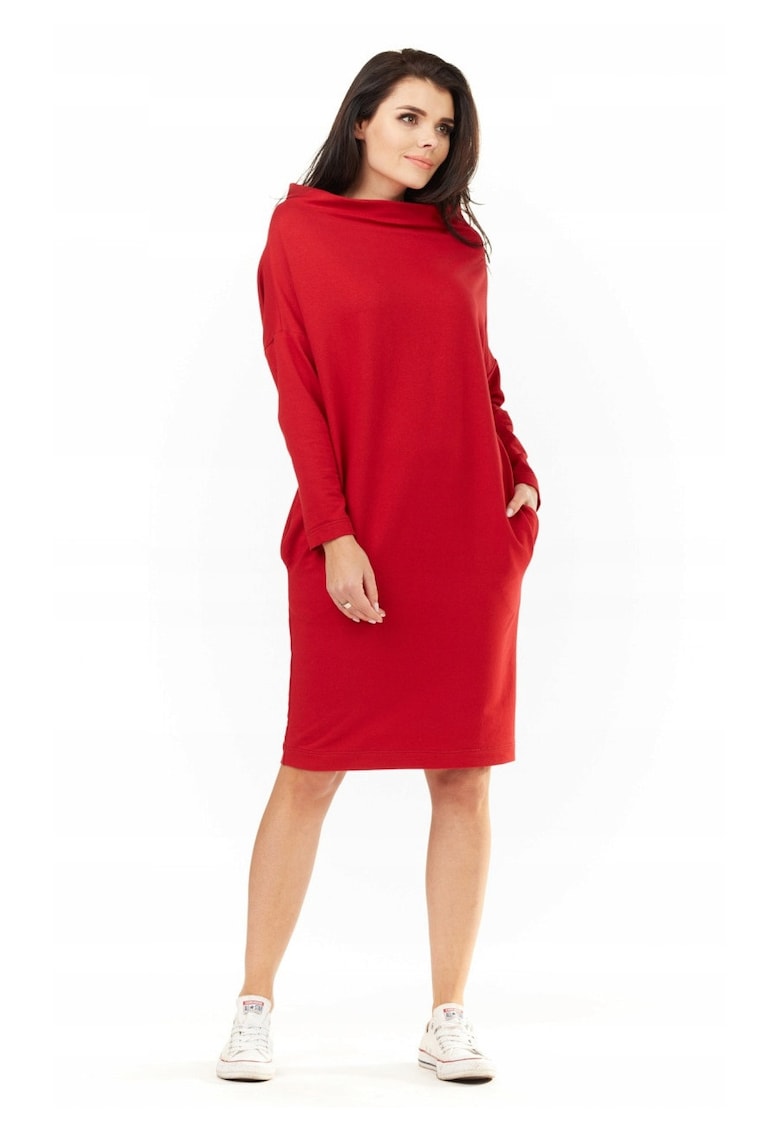 Rochie De Dama - L061 - Marimea S/M - Bumbac - Midi - Maneci Lungi - Decolteu Rotund - De Inalta Calitate - Rosie