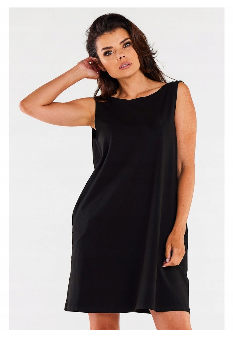 Rochie De Dama - Marimea S/M - Material 95% Bumbac - 5% Elastan - Croi Stil Trapez - Lungime Mini - Decolteu Barca In Fata - Spate Descoperit In Forma De V - Neagra