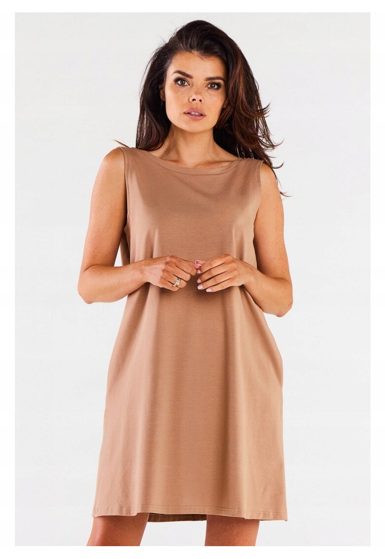 Rochie De Dama - Material 95% Bumbac - 5% Elastan - Croi Stil Trapez - Lungime Mini - Decolteu Tip Barca In Fata - Spate Descoperit In Forma De V - De Inalta Calitate - Bej - Bej