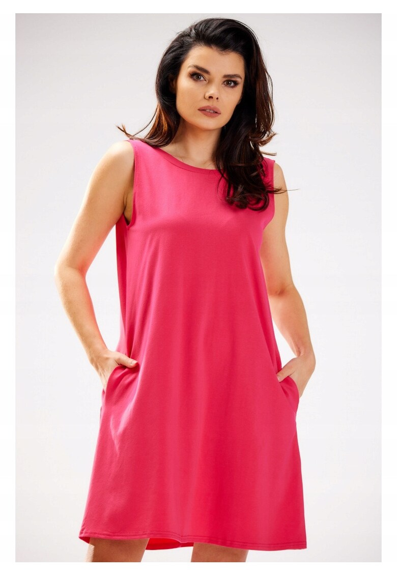 Rochie De Dama - Material 95% Bumbac - 5% Elastan - Croi Stil Trapez - Lungime Mini - Decolteu Barca In Fata - Spate Descoperit In Forma De V - De Inalta Calitate - Fucsia - Fucsia
