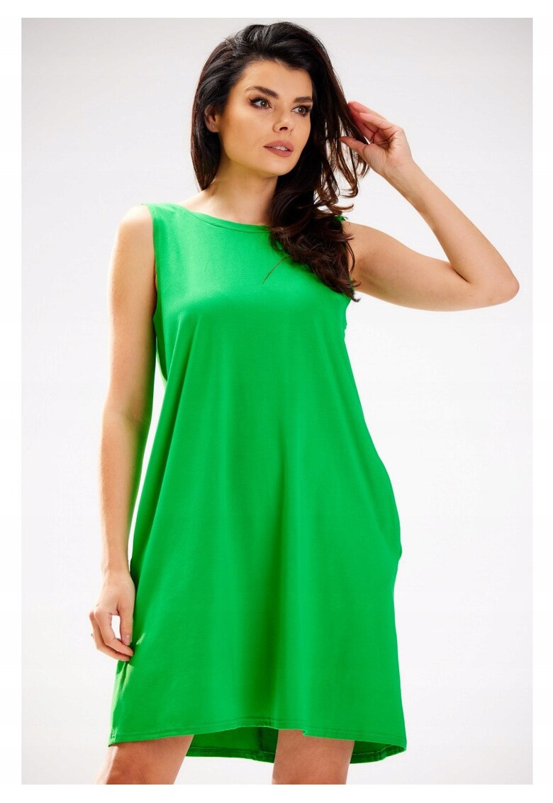 Rochie De Dama - Material 95% Bumbac - 5% Elastan - Croi Stil Trapez - Lungime Mini - Decolteu Tip Barca In Fata - Spate Descoperit In Forma De V - Verde - Verde