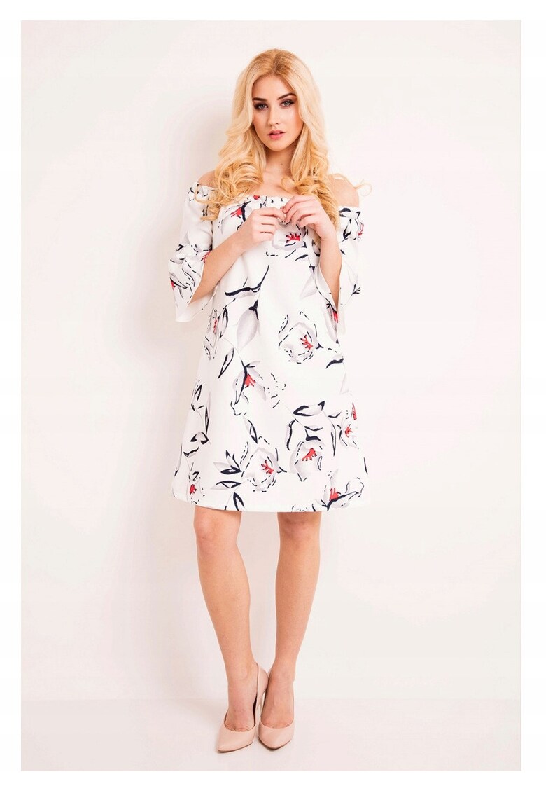 Rochie De Dama Cu Umerii Descoperiti - L036 - Material 95% Poliester - 5% Elastan - Lungime Midi - Decolteu Rotund - Stil Lejer - Maneci Trei Sferturi - De Inalta Calitate - Ecru - Ecru