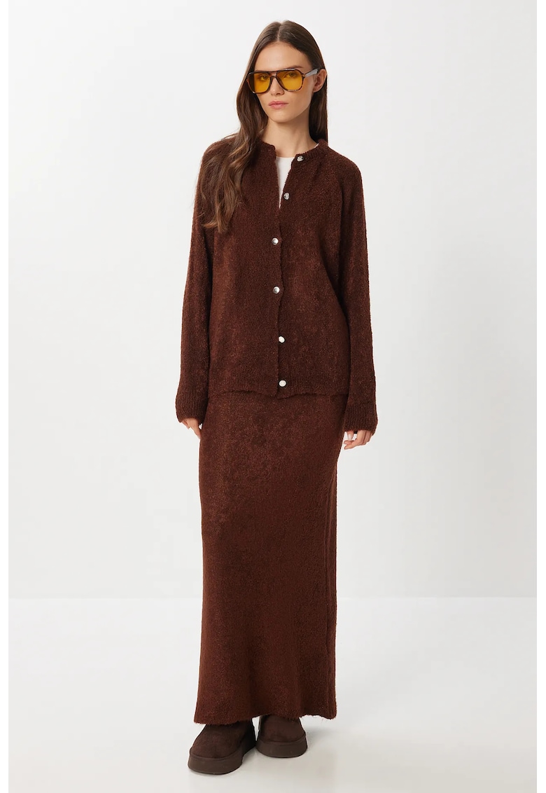 Set din doua piese - Happiness Istanbul - cardigan si fusta - tricot texturat - maro - One Size