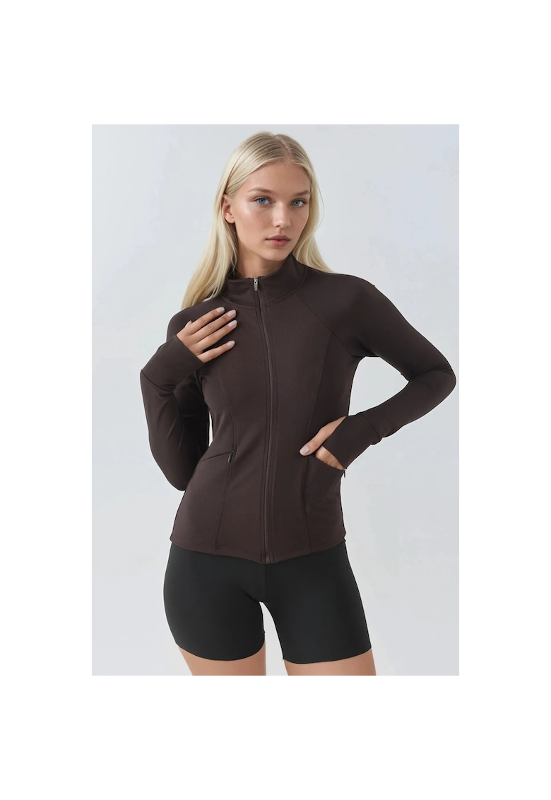 Bluza sport dama - tricot - mulat - guler inalt - maro mocha inchis