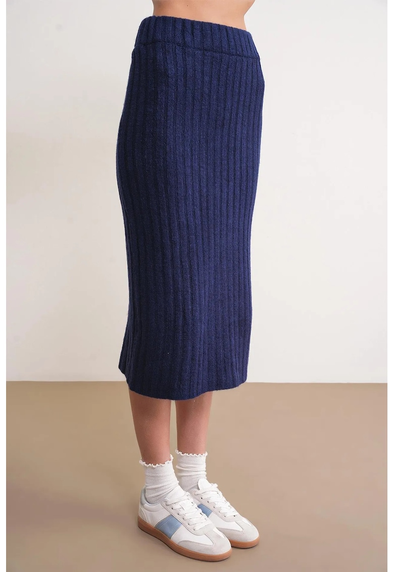 Fusta - tricotata - cu nervuri - talie inalta - bleumarin -