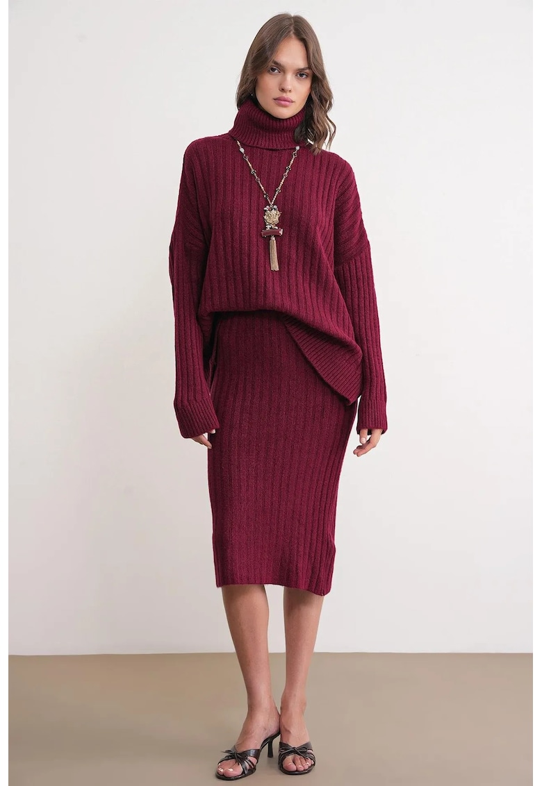 Fusta - cu talie inalta - rosu - tricot -