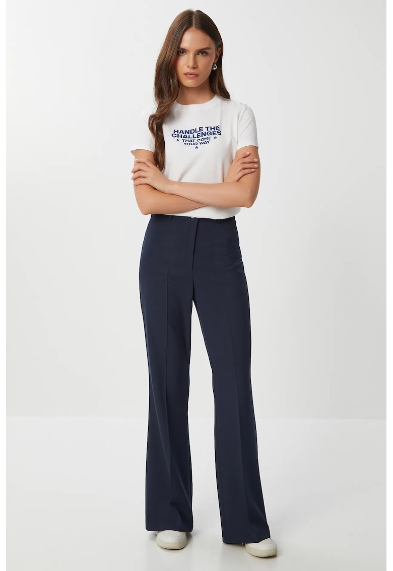 Pantaloni dama - Happiness Istanbul - evazati - talie inalta - bleumarin - textil