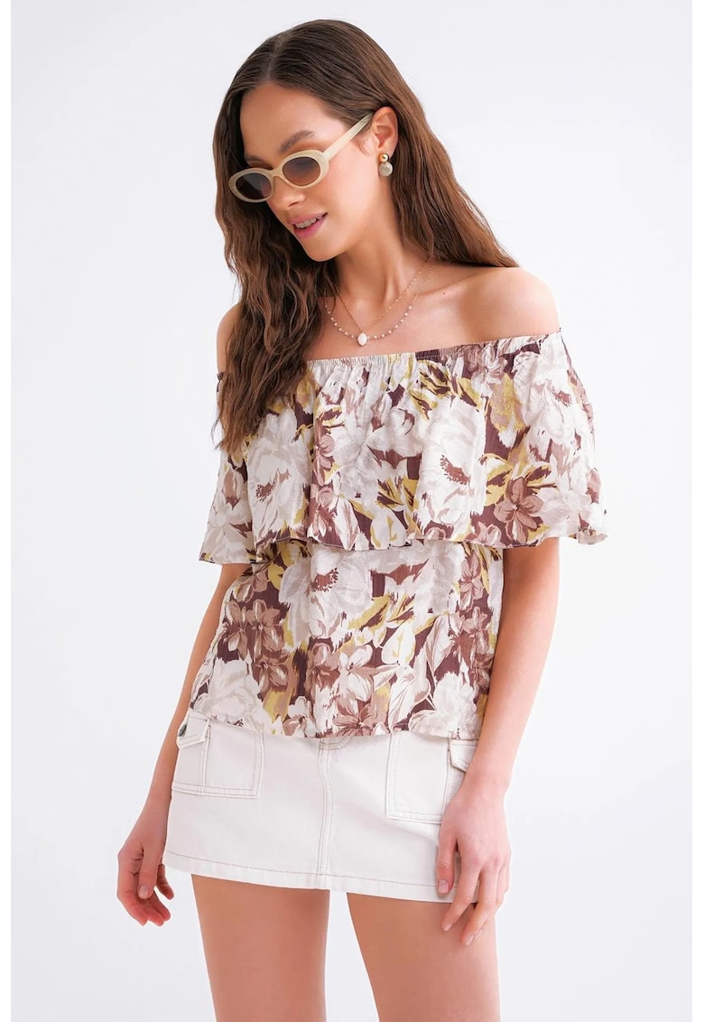 Tricou dama - imprimeu floral - umeri goi - maro camel - multicolor