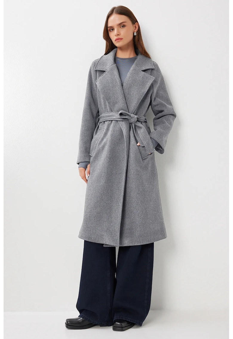 Palton lung dama texturat Happiness Istanbul - Gri carbune