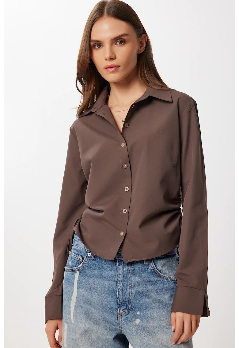 Camasa Femei - Happiness Istanbul - detalii plisate - maro mocha - bumbac
