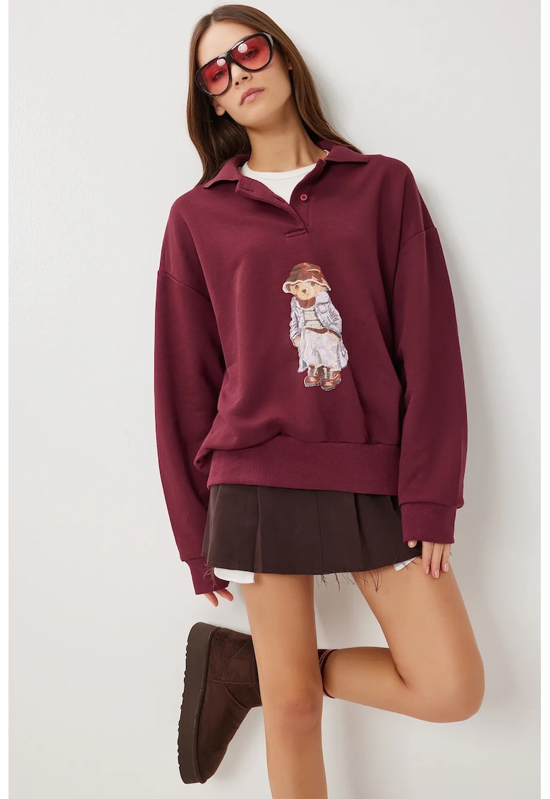 Hanorac dama - Happiness Istanbul - Comfort Fit - guler polo - visiniu - textil