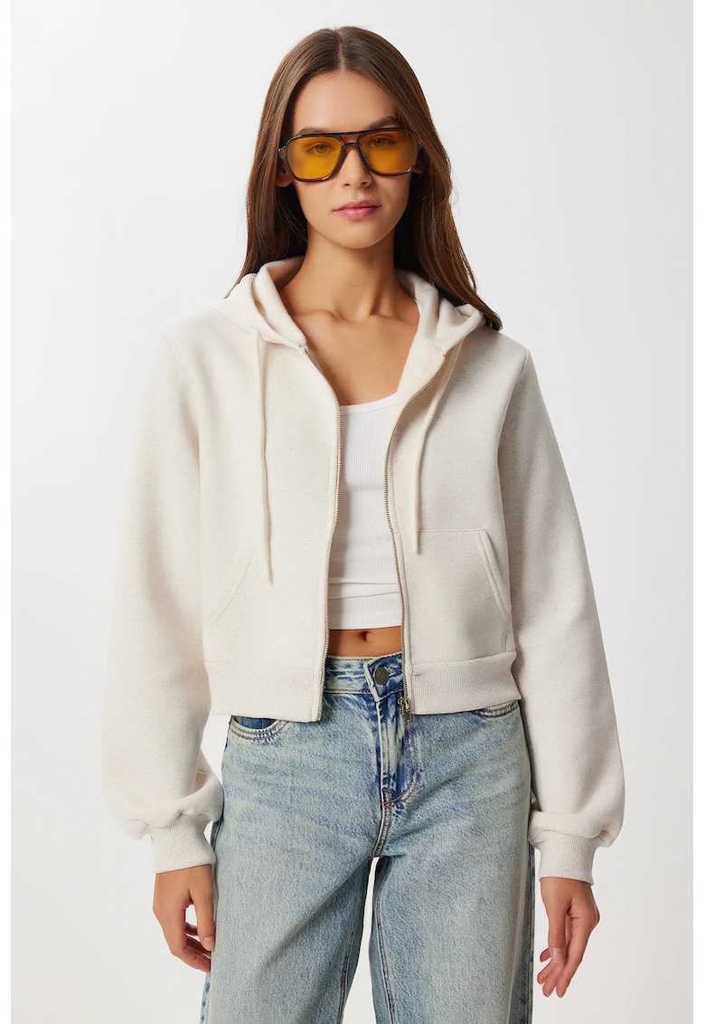 Hanorac dama - Happiness Istanbul - cu gluga si fermoar - bej natural - textil