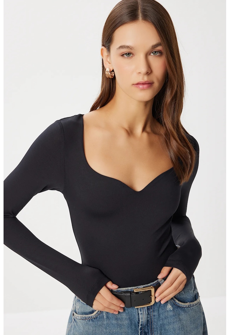 Bluza dama - Happiness Istanbul - mulata - poliamida/elastan - maneca lunga - decolteu in forma de inima - negru