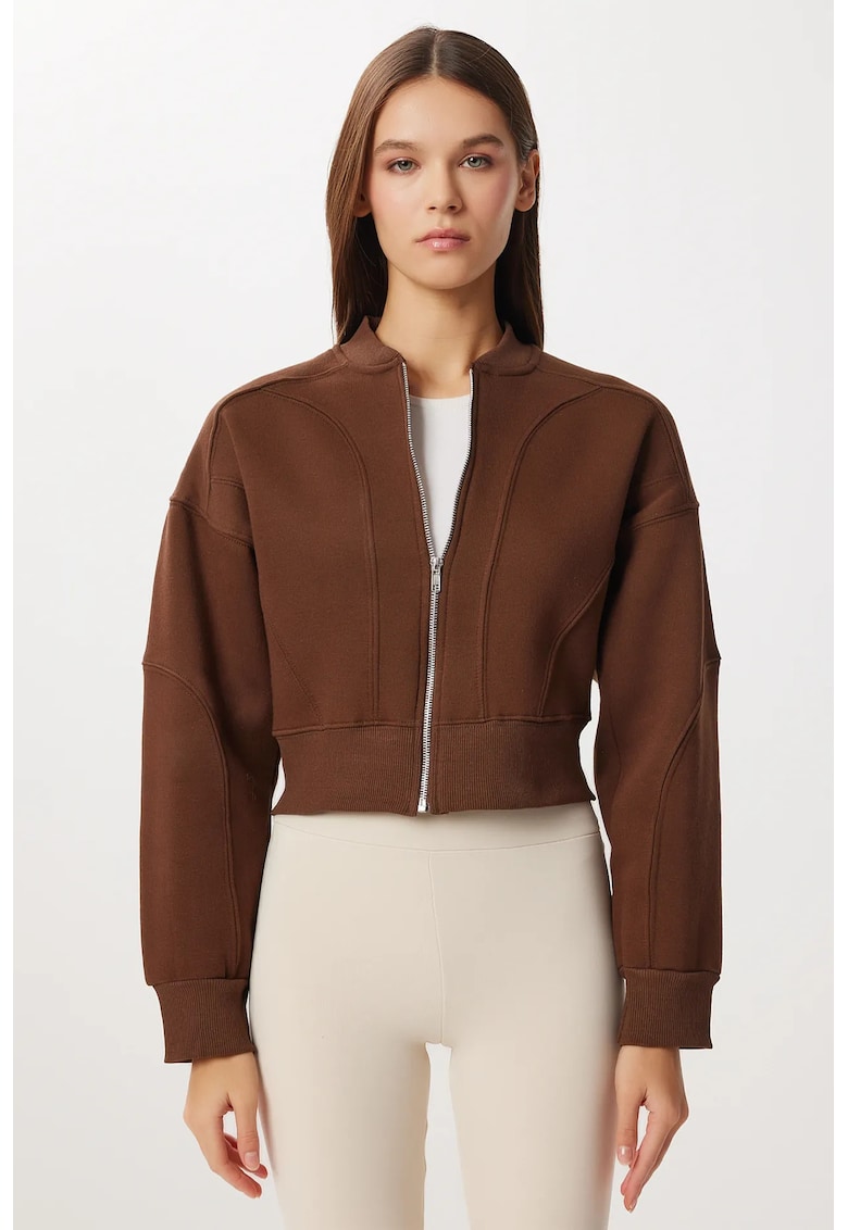 Hanorac scurt cu fermoar Happiness Istanbul - slim fit - maro - textil