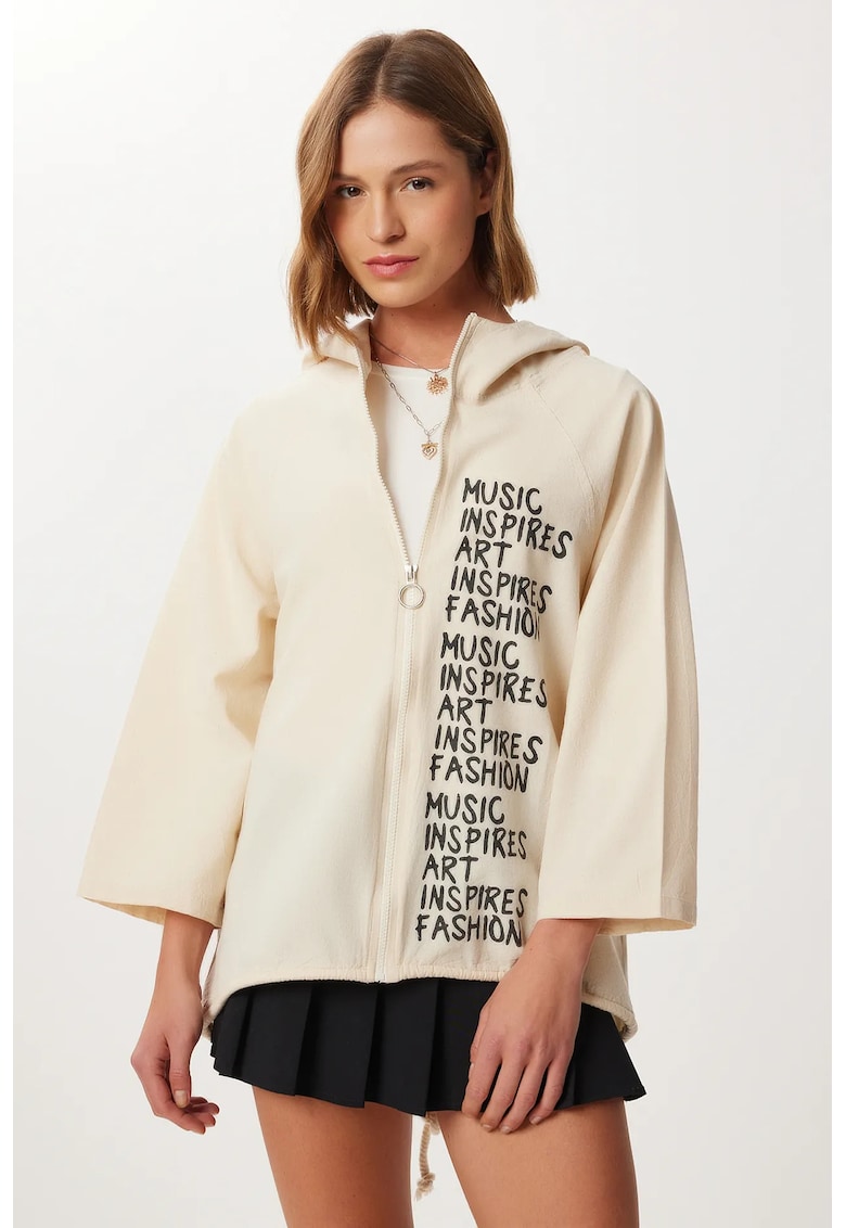 Jacheta cu gluga si fermoar - Happiness Istanbul - textil - crem