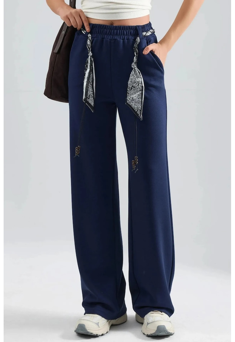 Pantaloni dama - tricotati - talie inalta - bleumarin - textil - Albastru marin