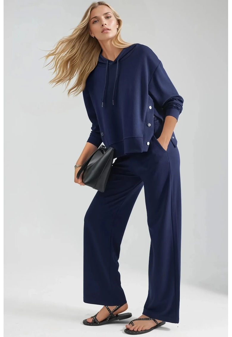 Set Doua Piese - Hanorac cu Gluga si Pantaloni cu Picior Larg - Bleumarin - Material Tricotat