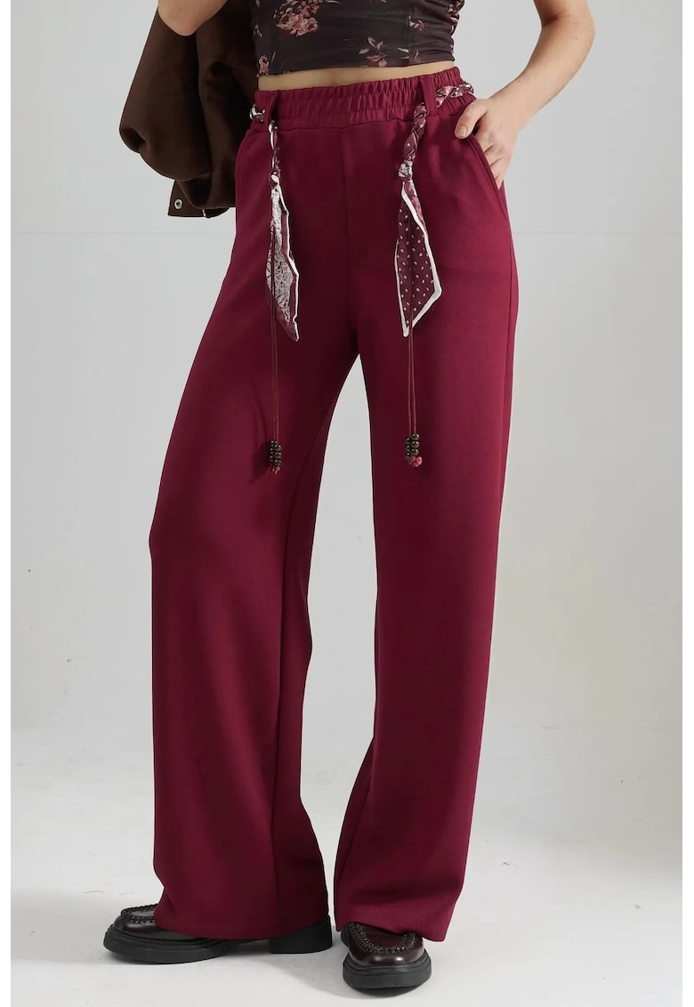 Pantaloni dama - tricotati - talie inalta - picior drept - rosu - textil