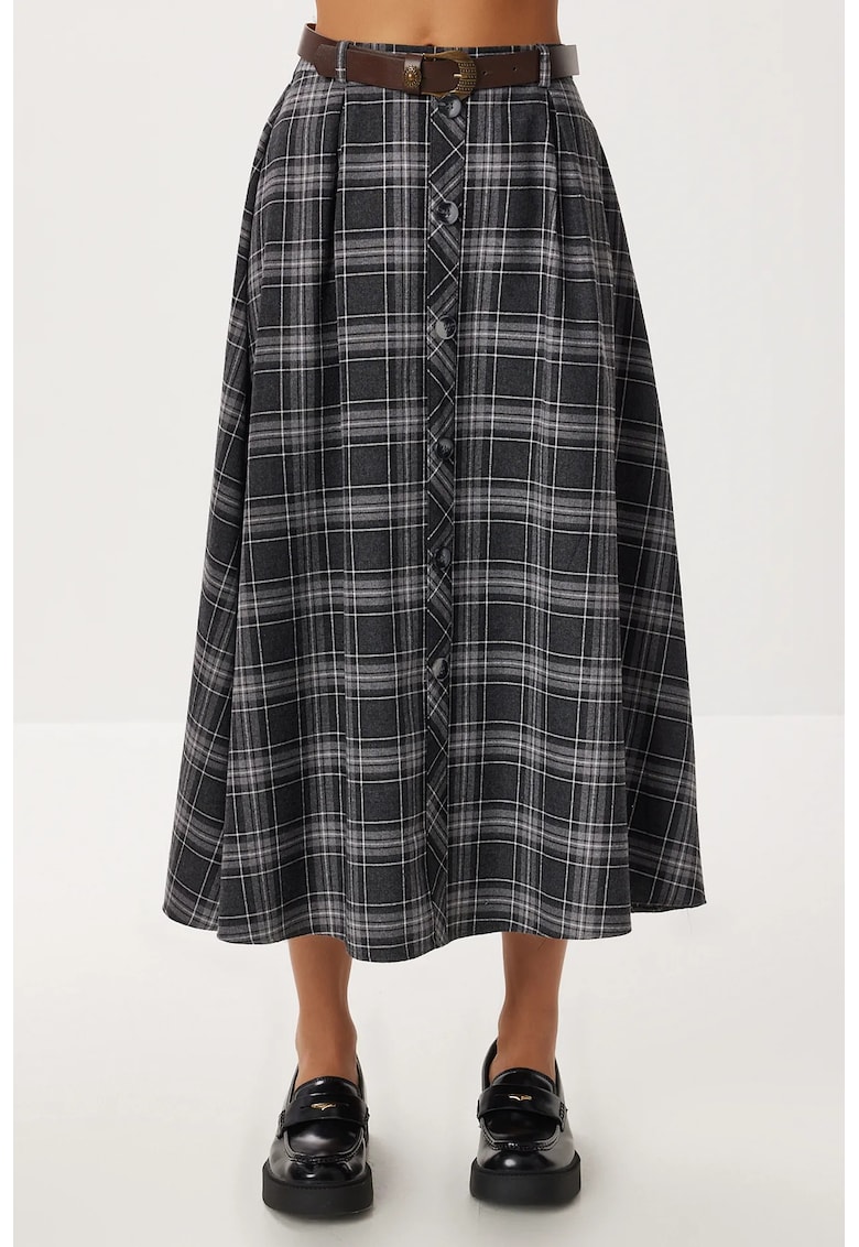 Fusta midi - Happiness Istanbul - talie inalta - inchidere cu nasturi - bleumarin - textil