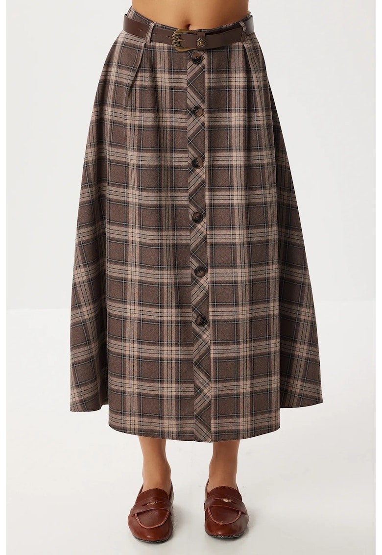 Fusta midi - Happiness Istanbul - talie inalta - inchidere cu nasturi - maro - textil