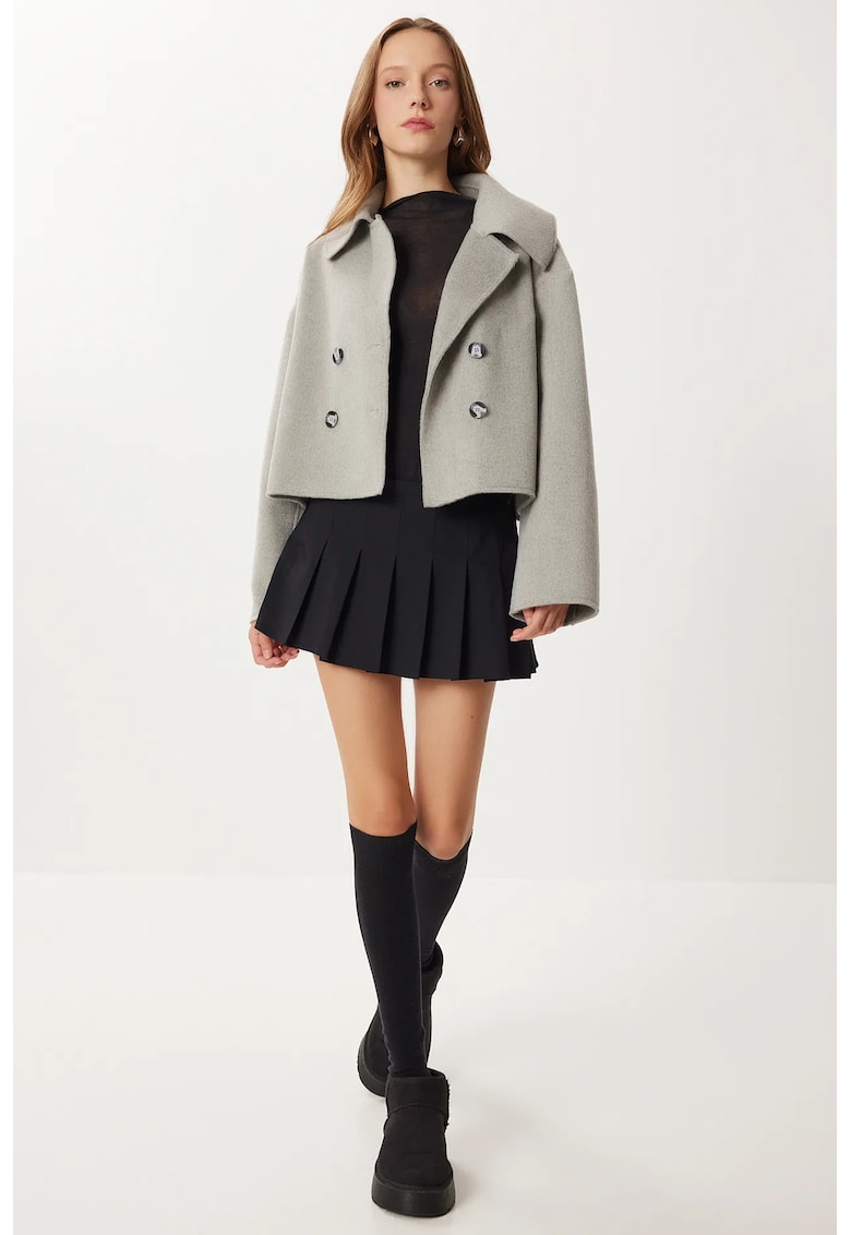 Palton scurt texturat cu doua randuri de nasturi - Happiness Istanbul - gri - textil