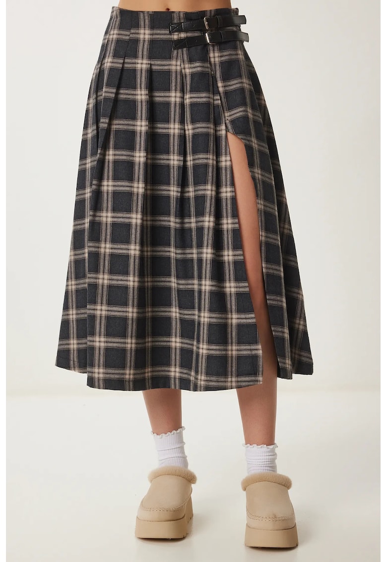 Fusta cu model in carouri - Happiness Istanbul - talie inalta - gri - textil