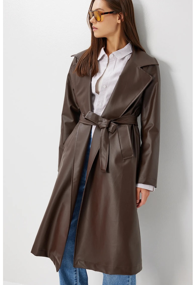 Trenci dama - Happiness Istanbul - lung - catarama - maro mocha - piele ecologica