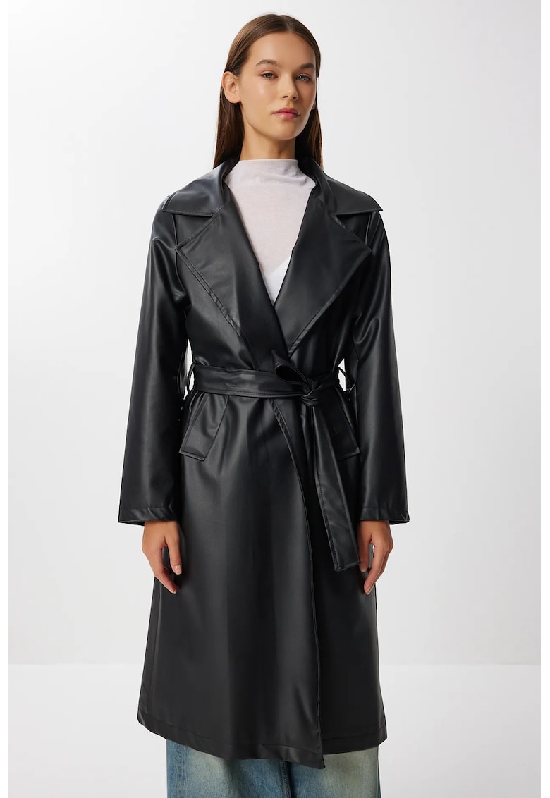 Trenci dama - Happiness Istanbul - lung - catarama - piele ecologica - negru