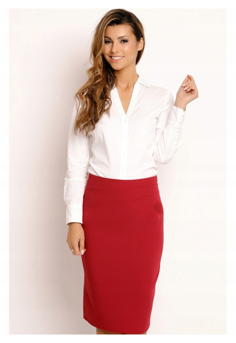 Fusta Midi - L030 - M - 60% Poliester - 40% Viscoza - Fara Buzunare - Fermoar - Talie Inalta - Stil Elegant - De Inalta Calitate - Bordeaux