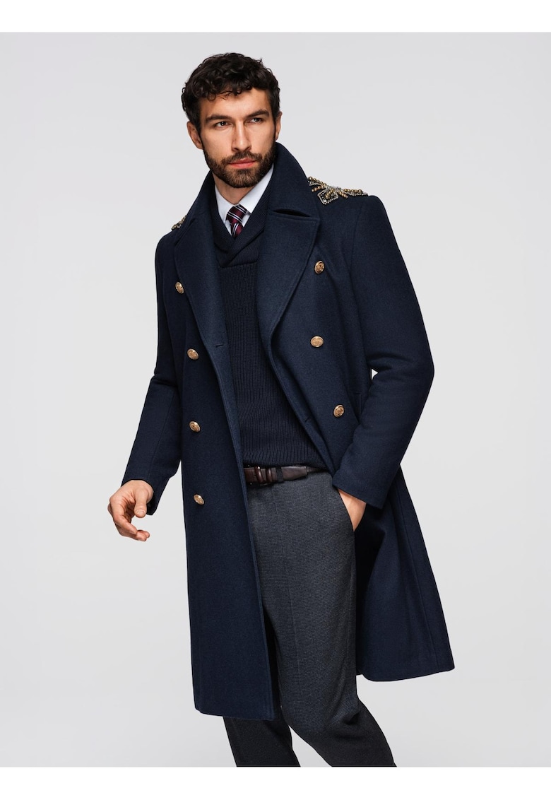 Palton cu lana si aplicatii decorative OM-COWC-0150 - Albastru inchis