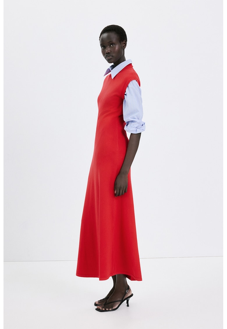 Rochie tricotata fara maneci - Rosu/Alb optic