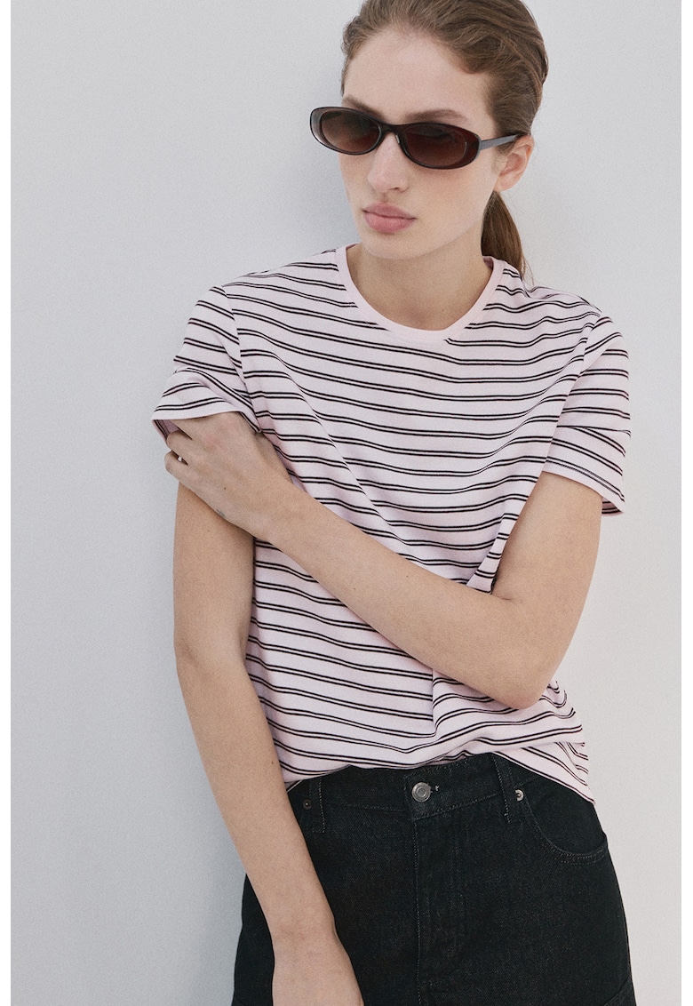 Tricou cu decolteu la baza gatului si dungi - Maro inchis/Roz pastel
