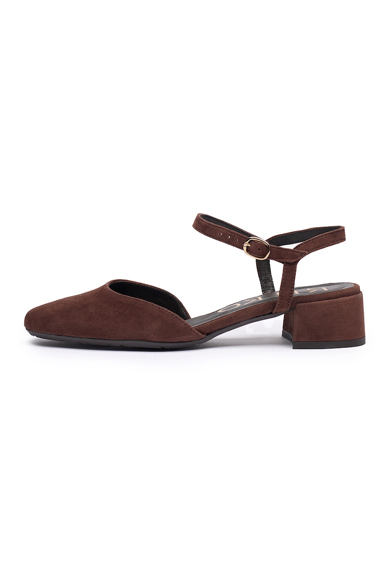 Pantofi din piele cu toc masiv - Maro cognac