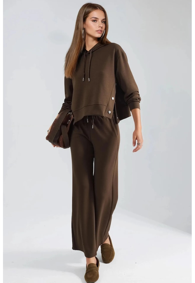 Set din doua piese - hanorac cu gluga si pantaloni cu picior larg - talie inalta - maro cafeniu - tricot