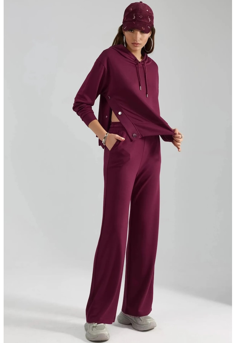 Set din doua piese - hanorac cu gluga - pantaloni largi - rosu burgund - tricot