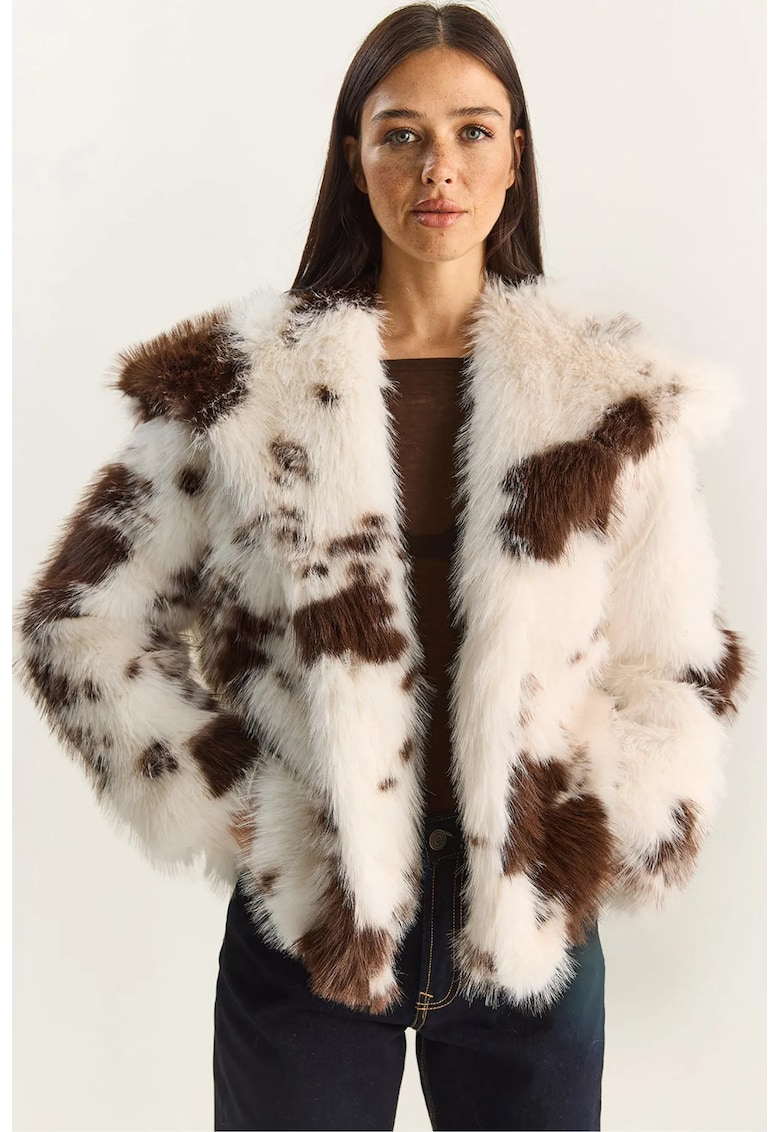 Geaca oversized - blana artificiala - alb/maro