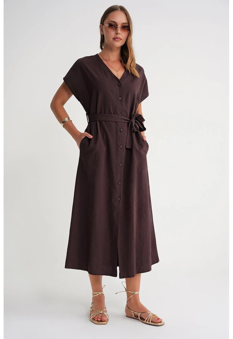 Rochie camasa cu curea - textil - Maro