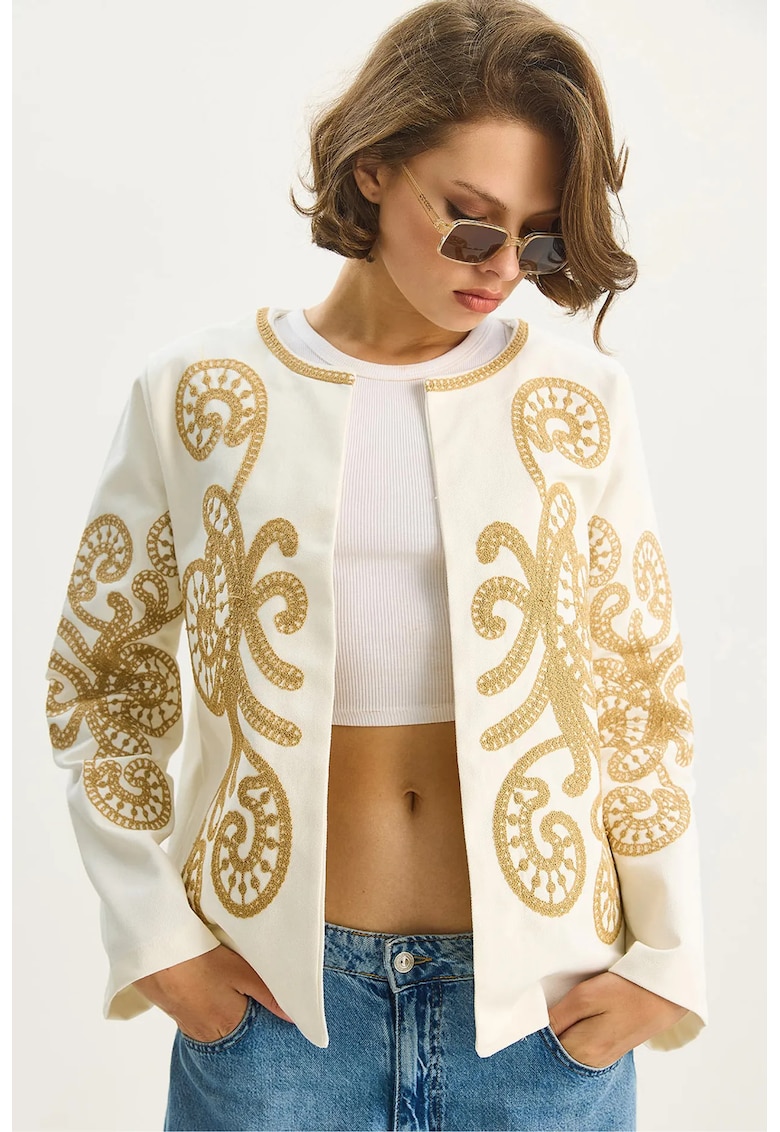 Jacheta brodata crem/auriu - poliester - maneci lungi - guler rotund - elegant