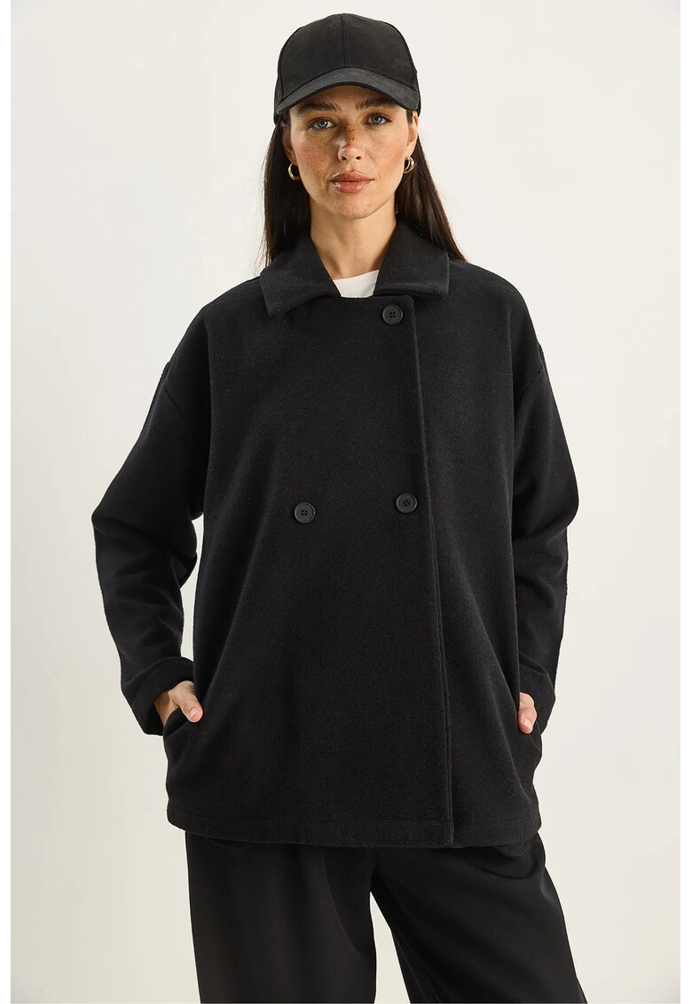 Palton dama oversized - negru - textil - cu inchidere cu nasturi