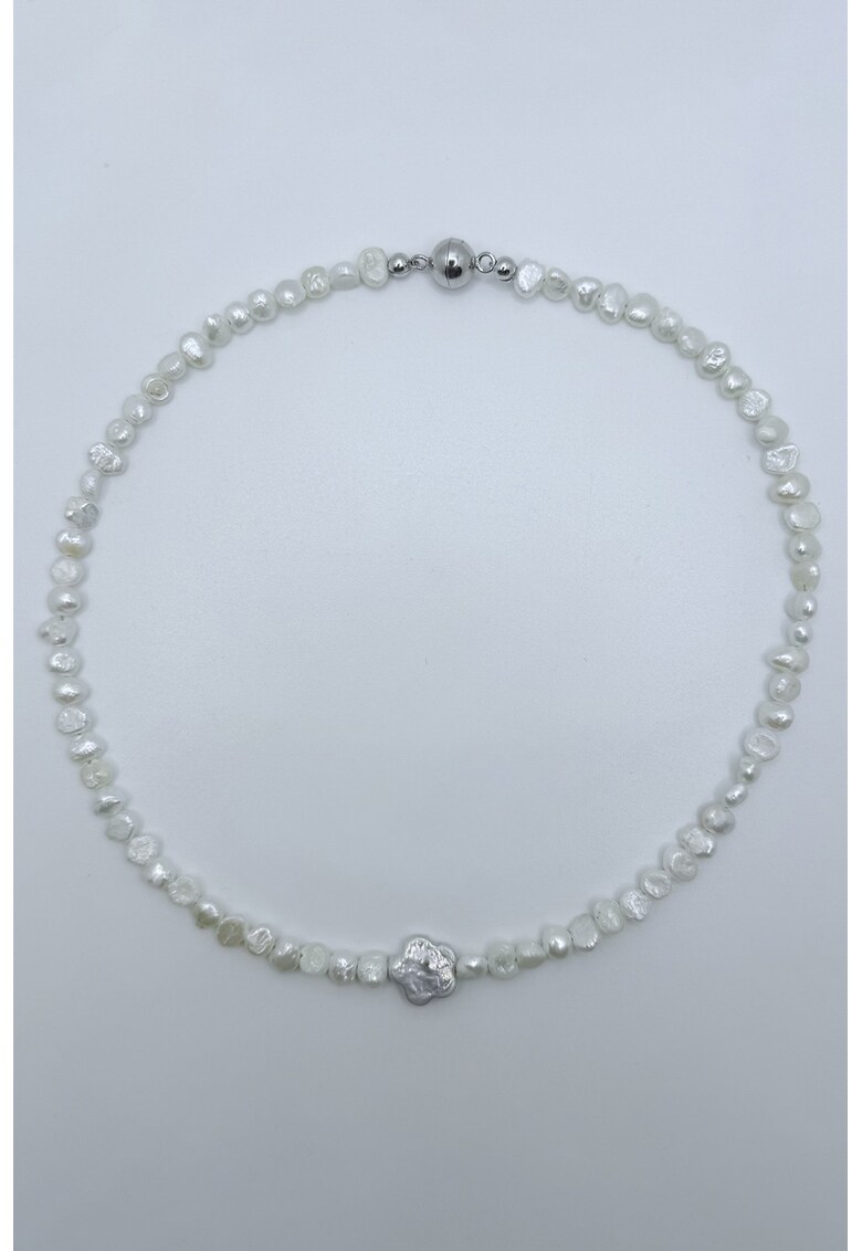 Colier din argint veritabil decorat cu perle de cultura si pandantiv in forma de floare - Crem/Argintiu