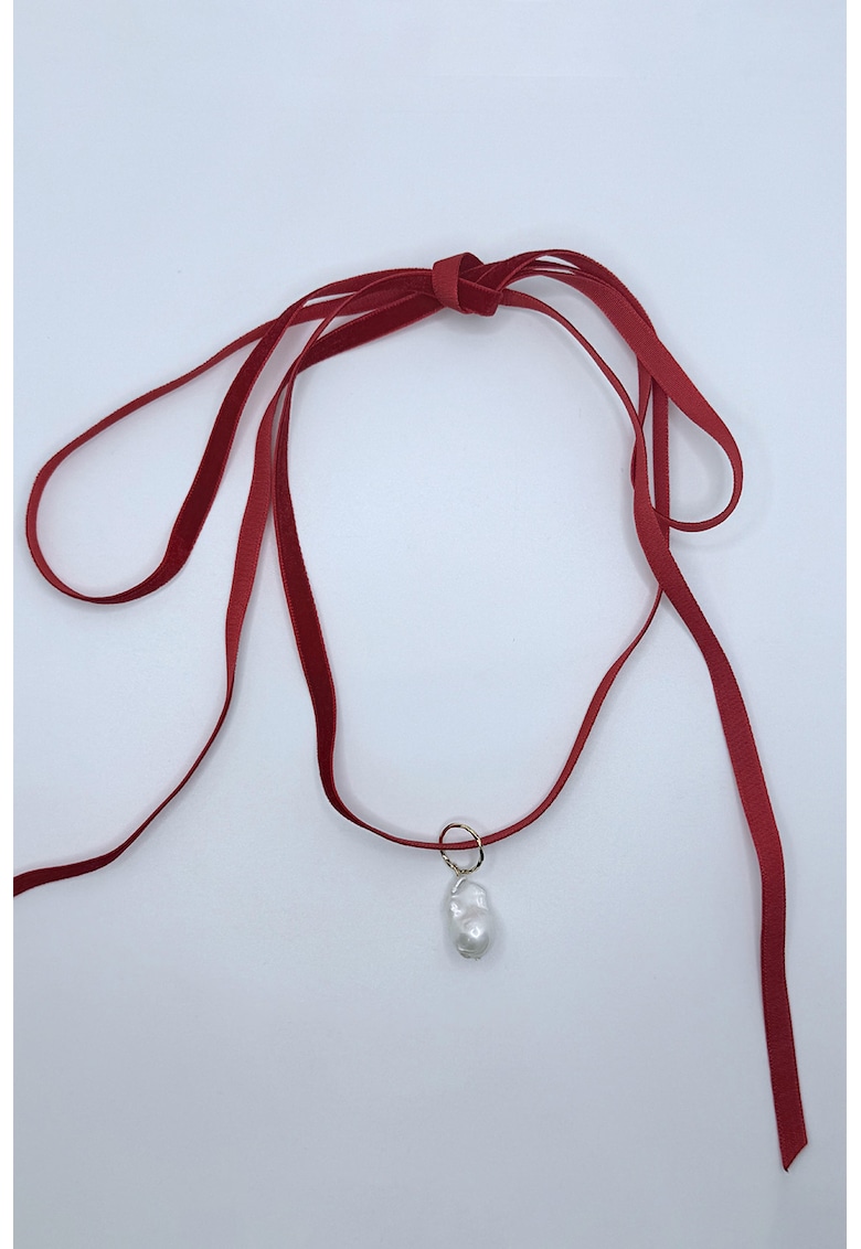 Pandantiv din argint veritabil placat cu aur de 24K cu perla si snur din catifea - Rosu/Alb/Auriu