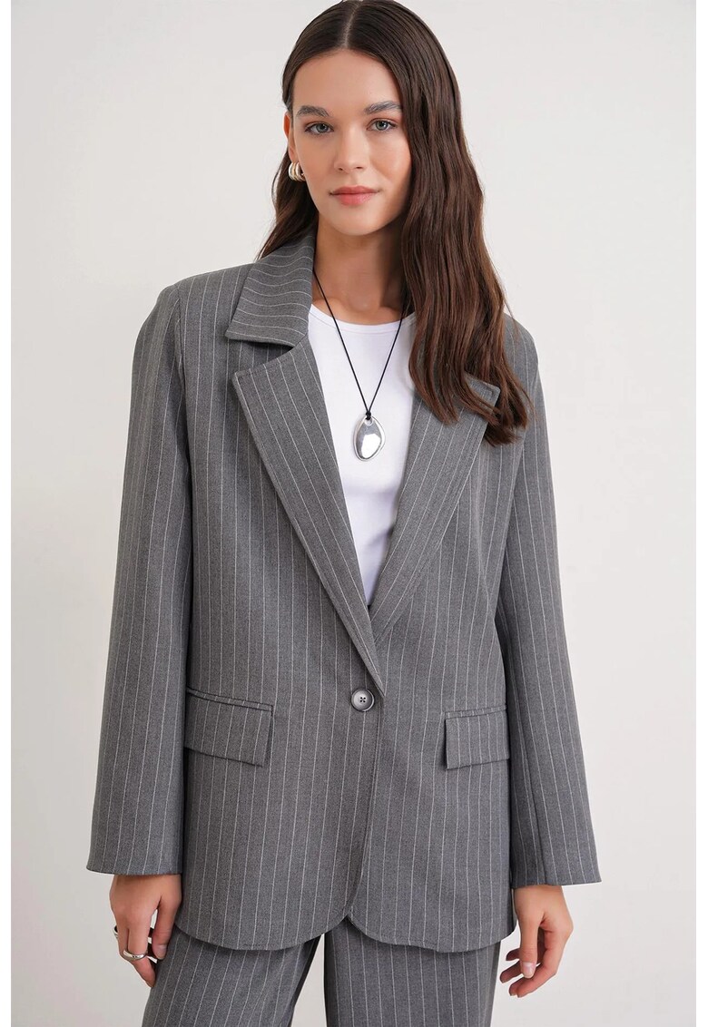 Sacou dama - supradimensionat - model cu dungi - gri - textil