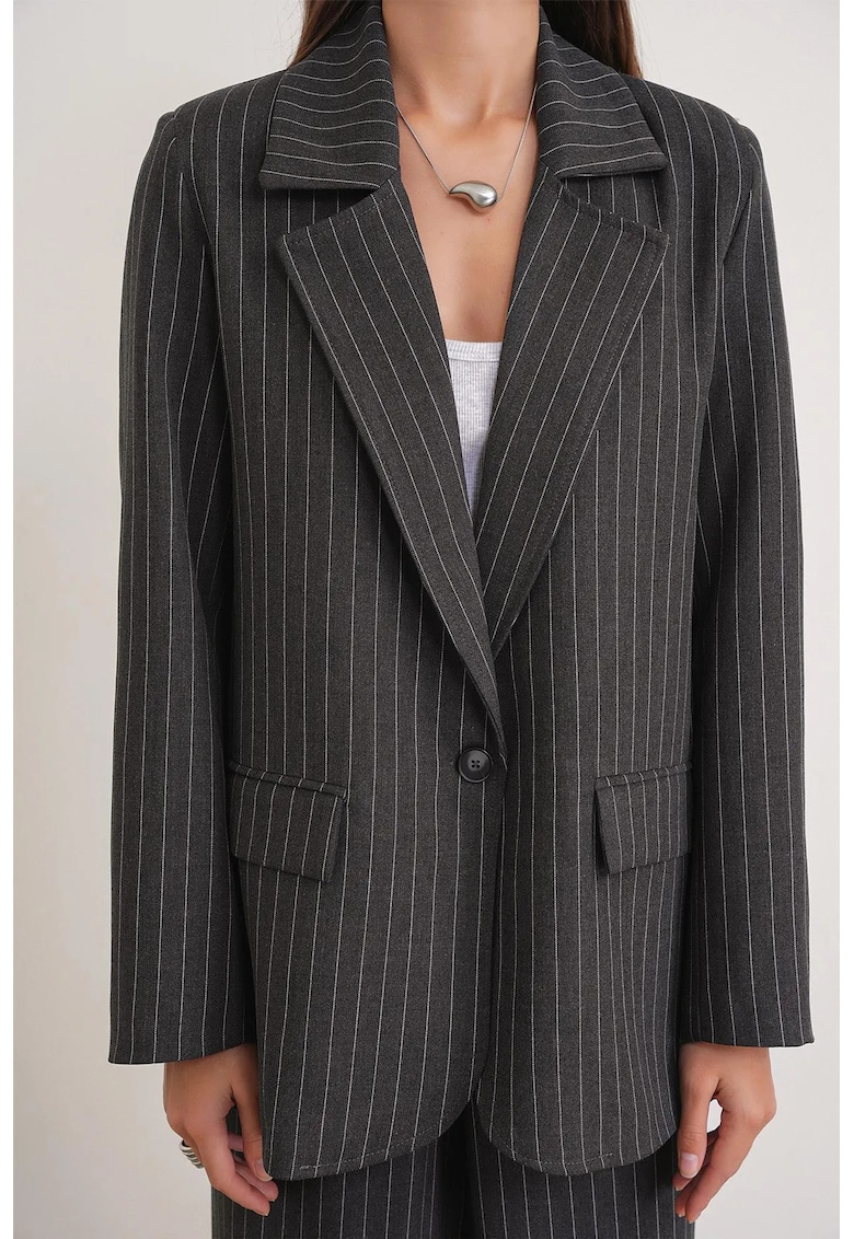 Sacou dama - supradimensionat - model cu dungi - gri carbune - textil