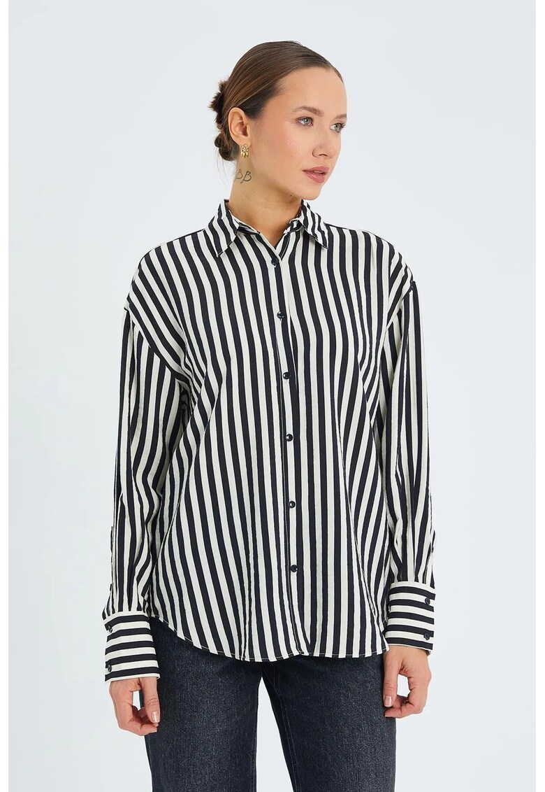 Camasa cu maneca lunga - dungi - textil - Negru