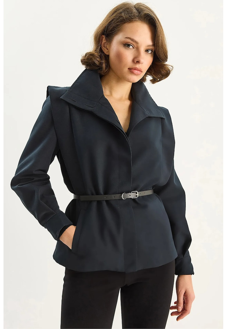 Geaca dama cu curea - detalii la umeri - textil - bleumarin