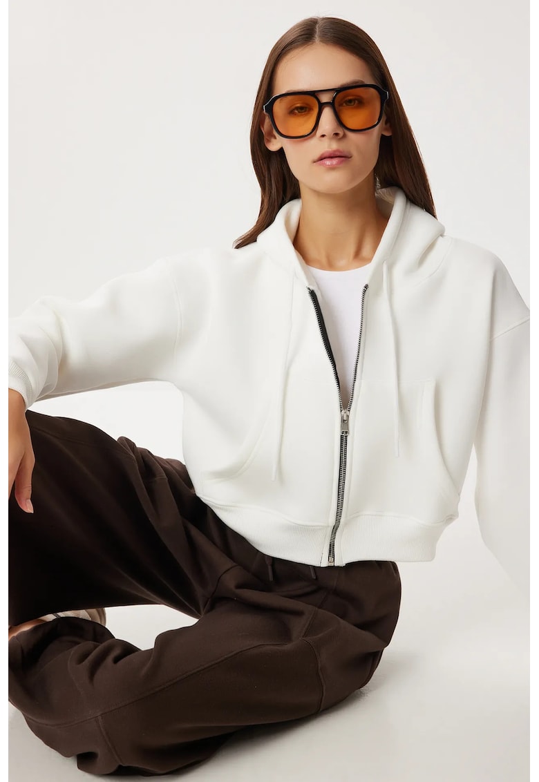 Hanorac dama - Happiness Istanbul - cu fermoar si gluga - ivoire - textil